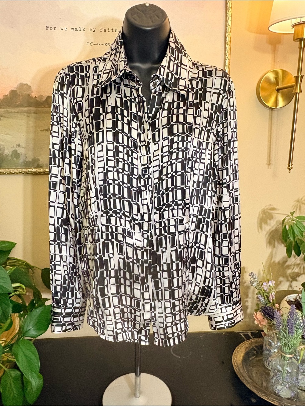 Doncaster Black and White Geometric Button-Front Blouse